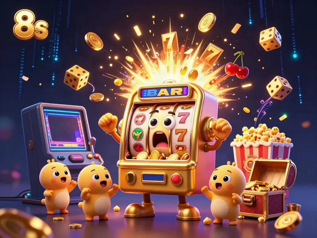 Experience the excitement of winning at 8s with a golden slot machine celebrating a jackpot in this vibrant casino scene.