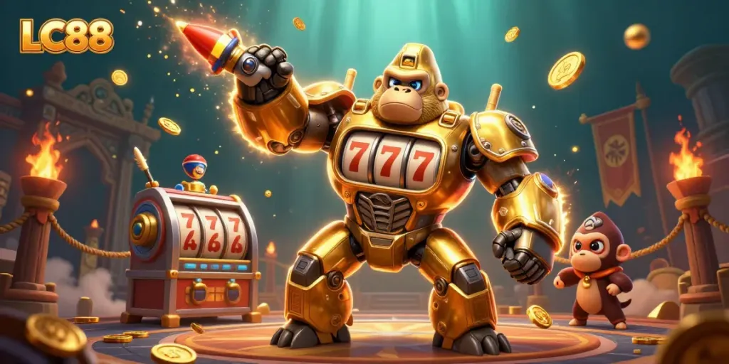 Engage in thrilling gameplay with LC88's golden gorilla mech amidst dynamic casino elements.