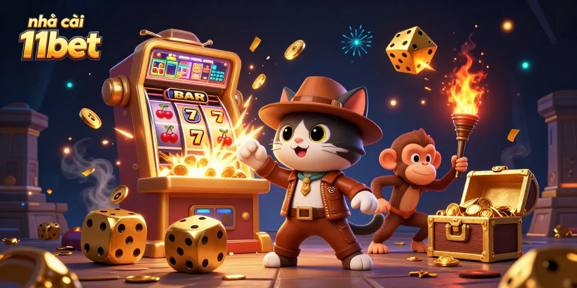 Experience excitement with nhà cái 11bet, featuring vibrant 3D illustrations of an explorer cat finding a casino artifact.