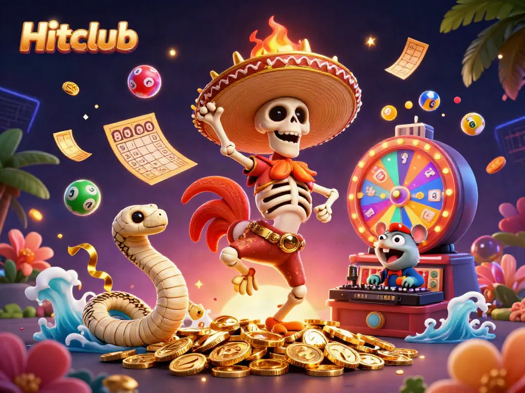Hitclub features a dynamic celebration with a mariachi rooster, mummy snake, and hamster DJ amidst casino excitement