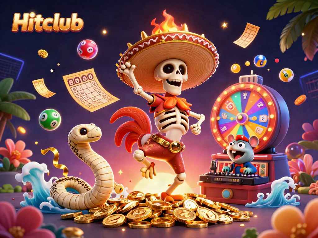 Hitclub features a dynamic celebration with a mariachi rooster, mummy snake, and hamster DJ amidst casino excitement