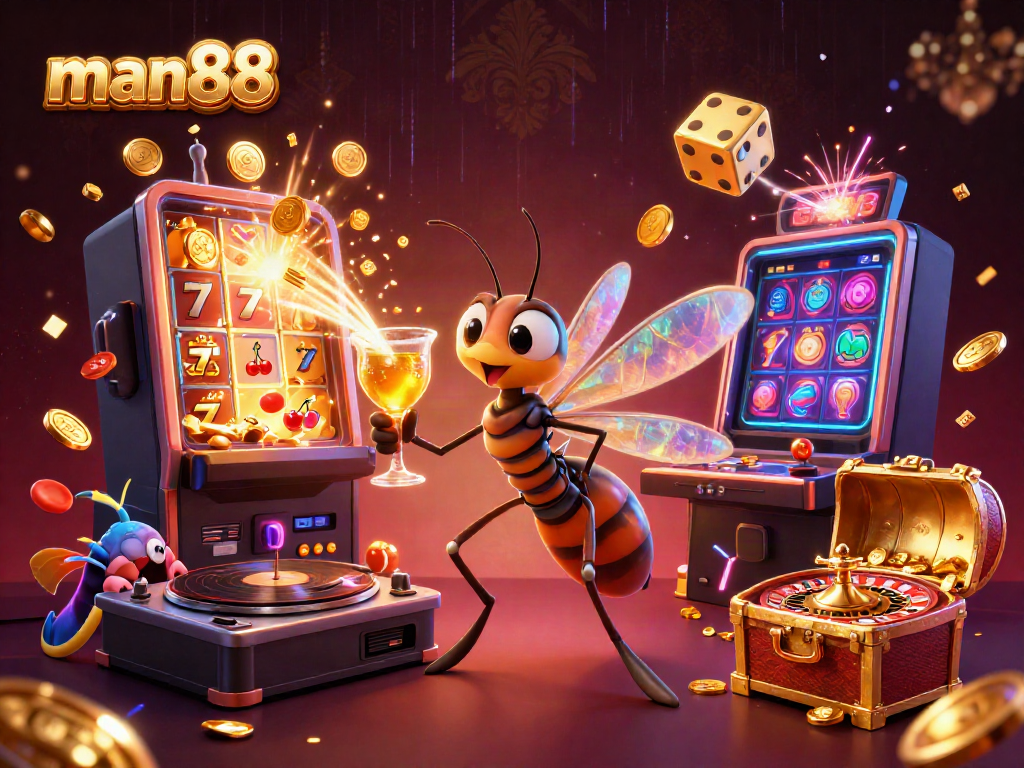 Experience engaging gaming at man88 with a 3D cartoon illustration of lively casino characters amidst a jackpot explosion.