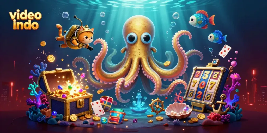 Play exciting video indo games with vibrant visuals showcasing a kraken and diving cat amidst treasure-filled scenes.