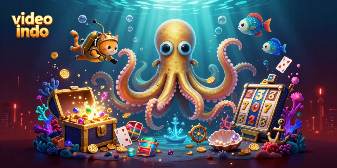 Play exciting video indo games with vibrant visuals showcasing a kraken and diving cat amidst treasure-filled scenes.