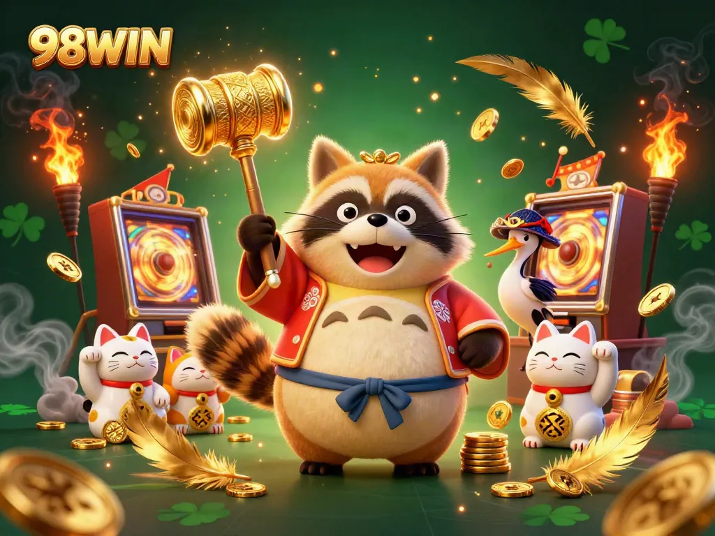 Experience the thrill of 98WIN's dynamic casino scene with cheerful characters and vibrant gaming elements.