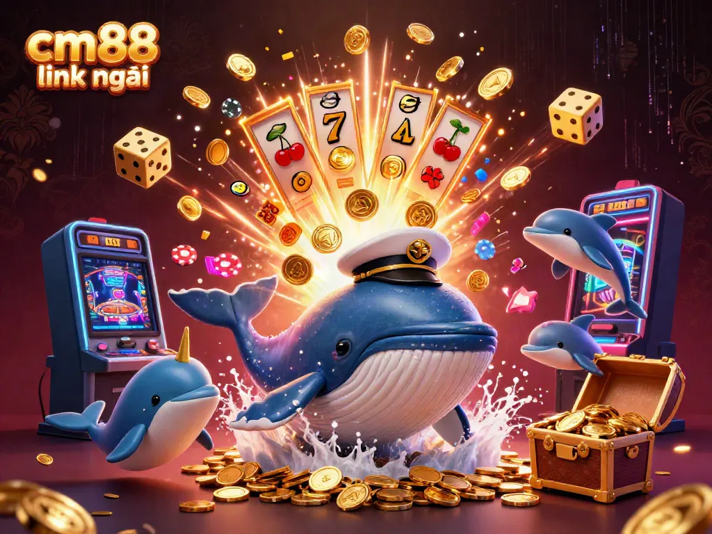 Experience the excitement of cm88 link mới with a vibrant cartoon-style casino illustration featuring playful characters and game elements.