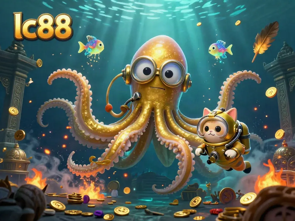 Experience winning excitement with lc88 as a golden kraken rises from the depths in a vibrant casino underwater scene.