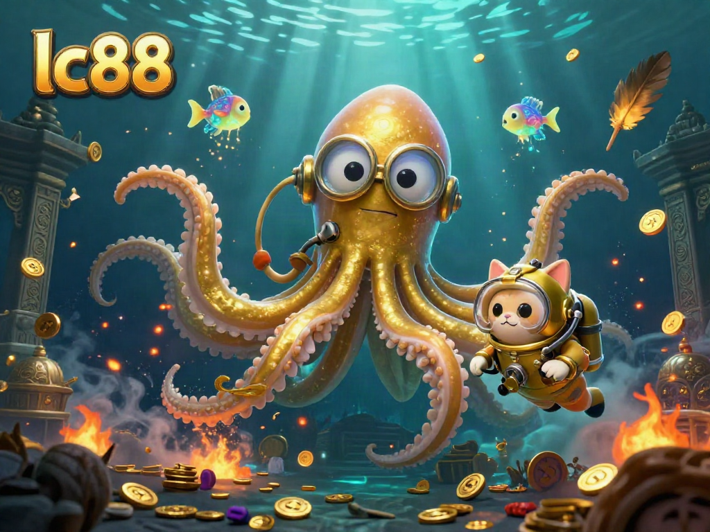 Experience winning excitement with lc88 as a golden kraken rises from the depths in a vibrant casino underwater scene.