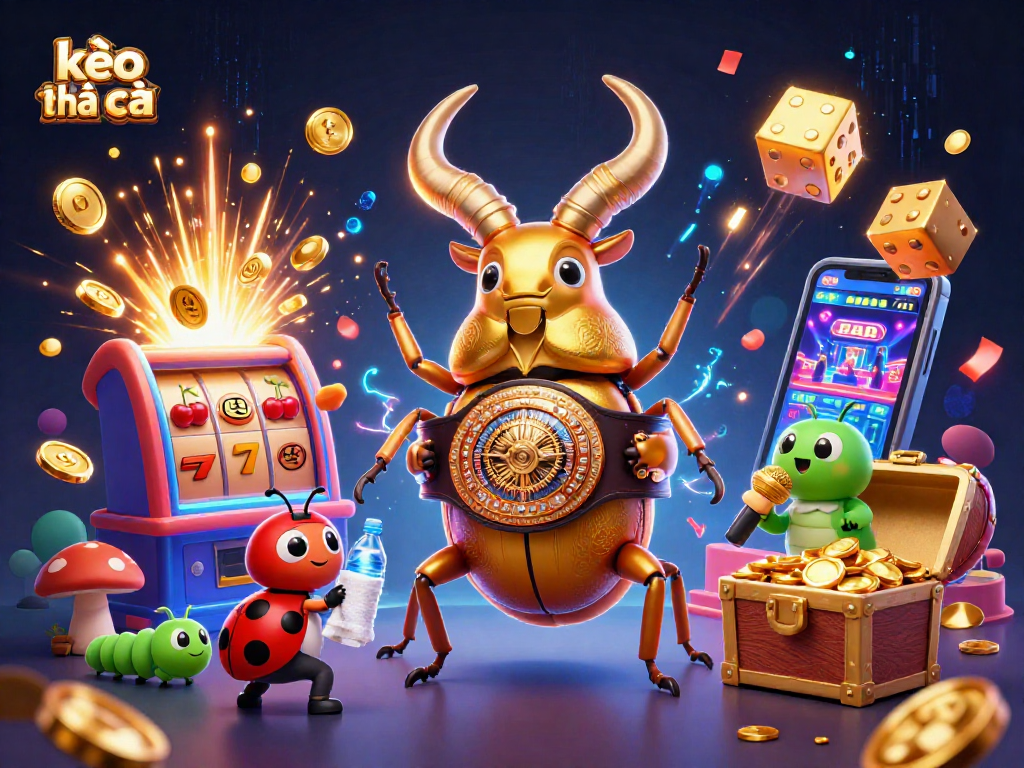 Engage with kèo nhà cái through a vibrant casino-themed illustration showcasing a golden stag beetle and dynamic gaming elements.