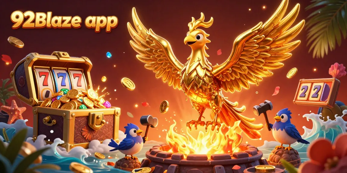 Experience gaming excitement with 92Blaze app's vibrant rewards and features in a golden scene.