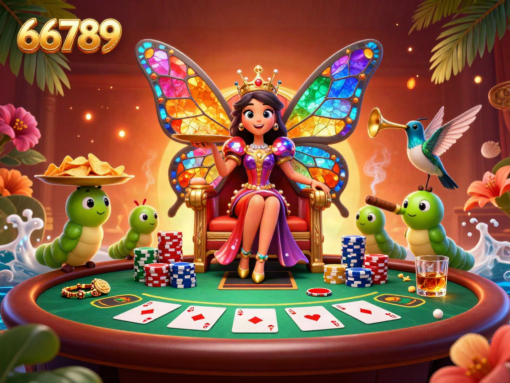 Engage with the thrilling atmosphere of 66789's vibrant casino scene featuring a butterfly queen amidst game elements.