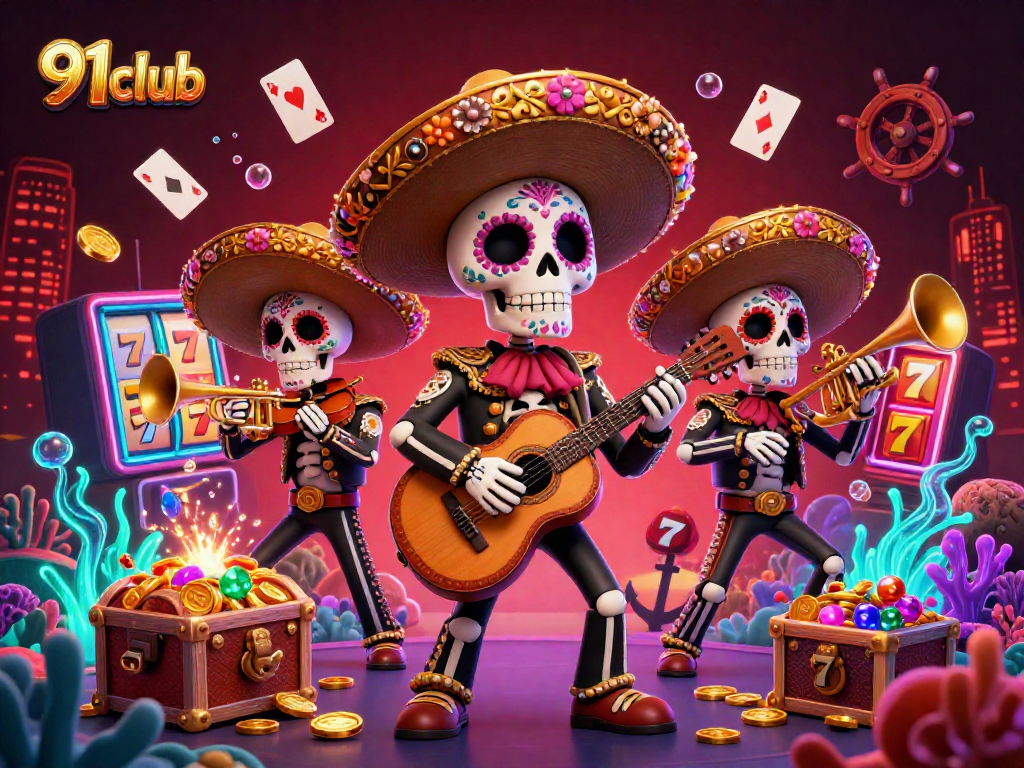 Immerse yourself in the vibrant world of 91club as you enjoy dynamic gaming with colorful skeleton musicians and casino elements.
