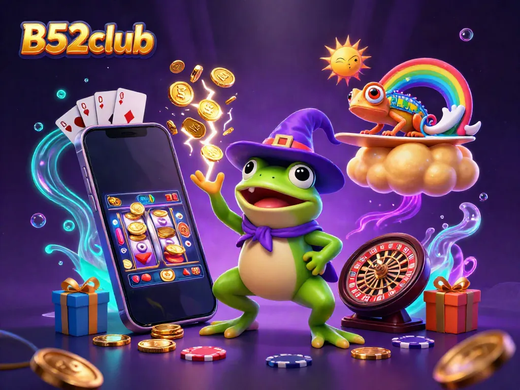 Win big with B52club's lively casino adventure illustration filled with fun characters and games!