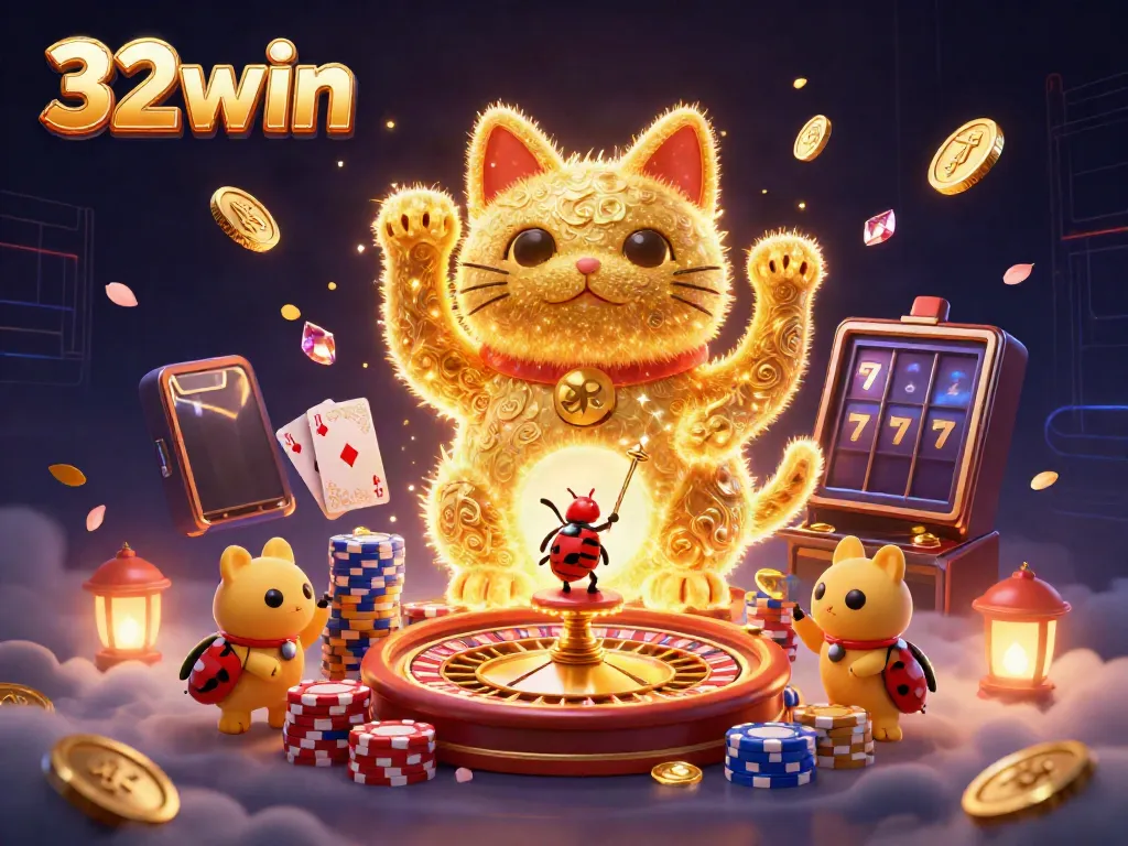Experience the vibrant energy of 32win with a dynamic lucky cat surrounded by sparkling casino elements.