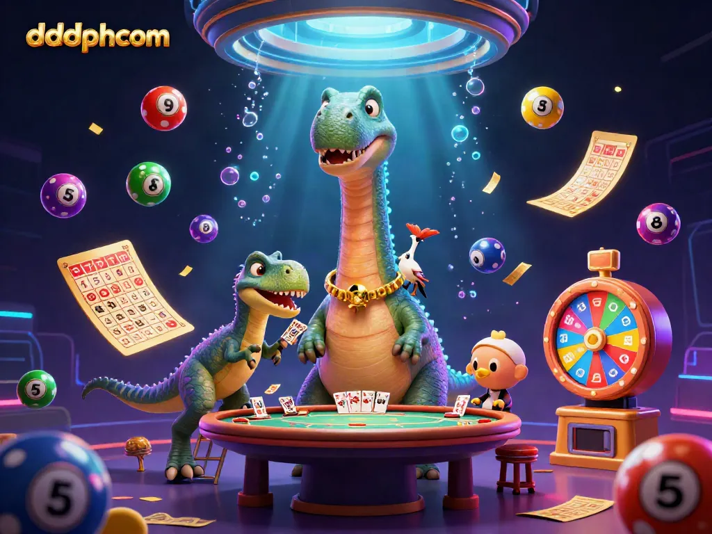 Immerse in dddphcom's interactive gaming scene with a whimsical dinosaur poker dealer.