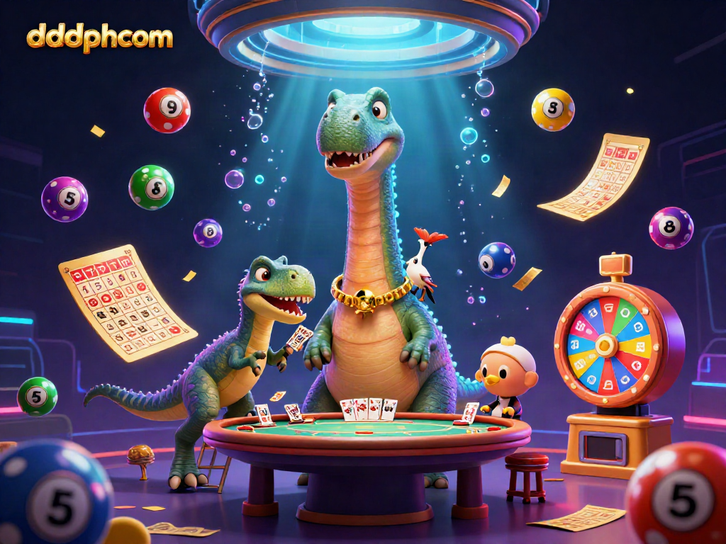 Immerse in dddphcom's interactive gaming scene with a whimsical dinosaur poker dealer.
