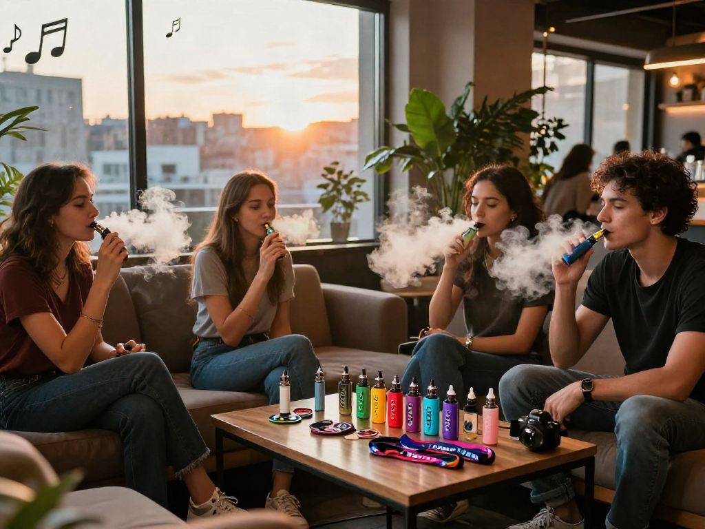 Group of young adults enjoying raz vape products in a stylish lounge