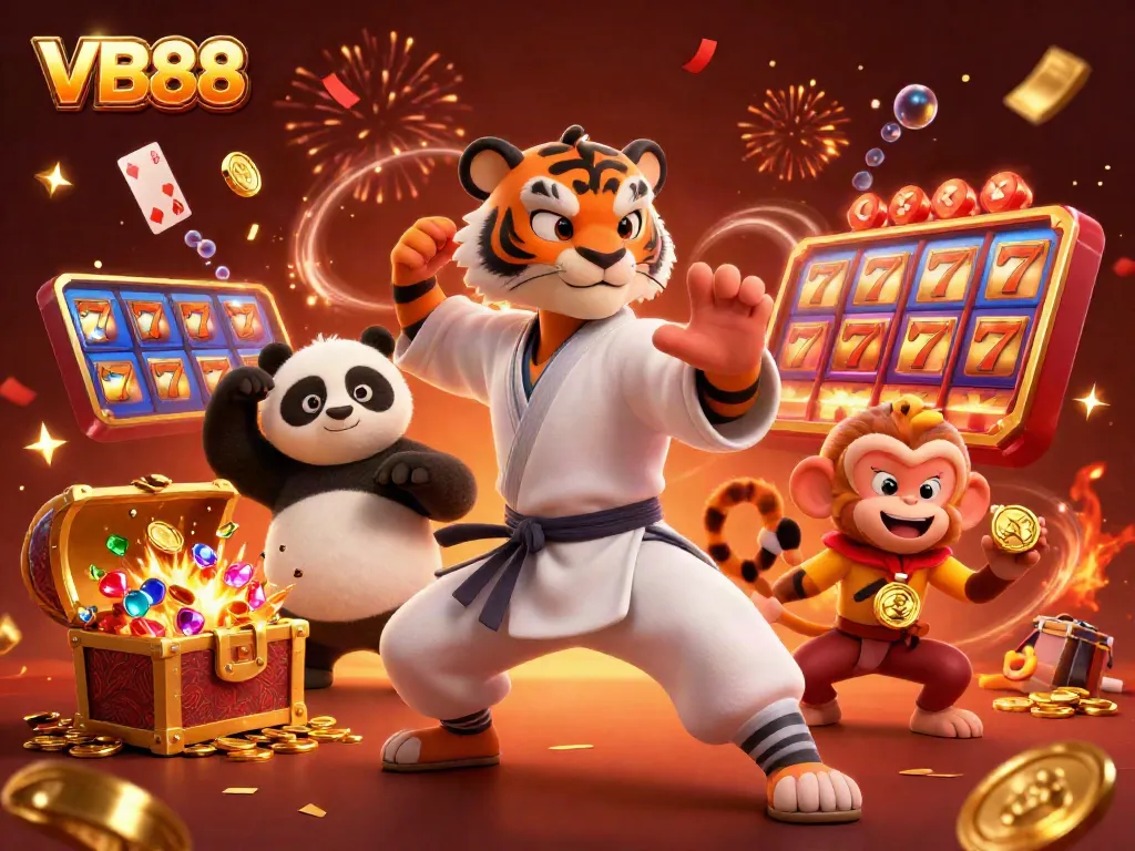 Experience the thrill of VB88 with a kung fu tiger master and colorful casino elements.