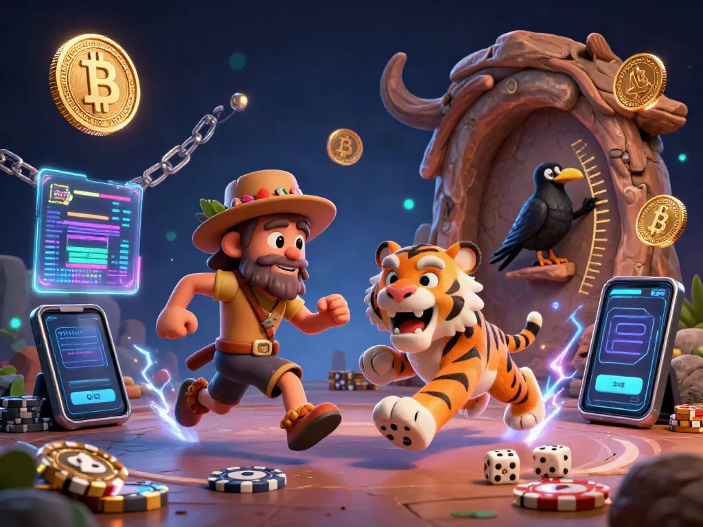 Kèo Nhà Cái showcases a vibrant casino scene with a caveman, sabertooth tiger, and a clever crow, surrounded by glowing crypto elements.