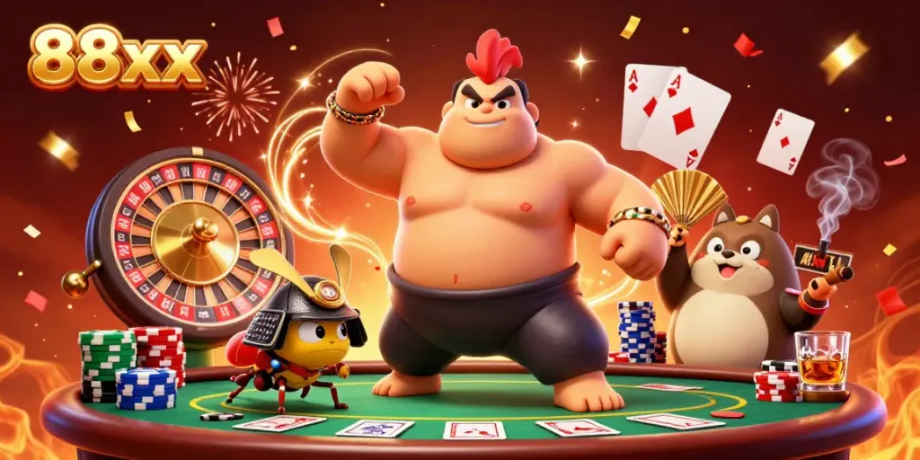 Experience the thrilling world of 88xx with a dynamic sumo rooster and samurai cricket at a vibrant casino scene.