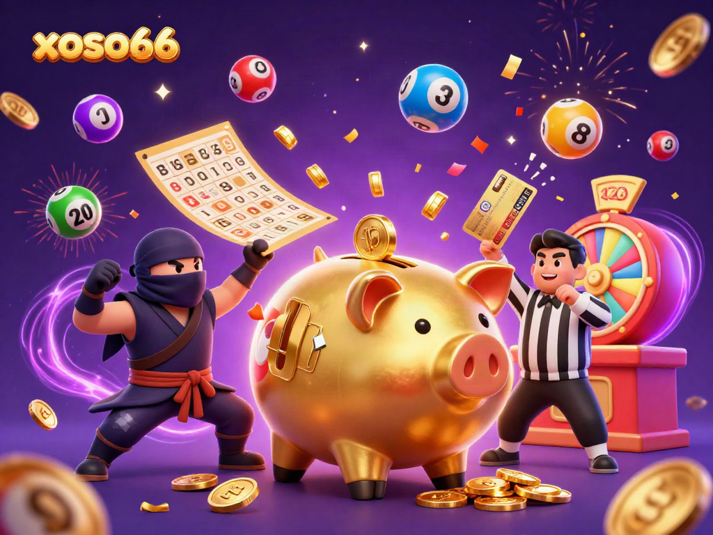 Experience the thrill of xoso66 with a dynamic sumo wrestler, wallet ninja, and referee amid a vibrant gambling celebration.
