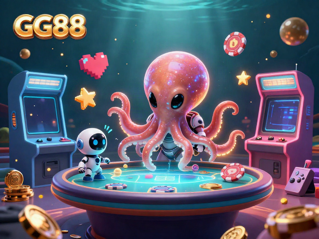 Engage in vibrant casino gameplay with GG88's alien octopus and robot as they control poker excitement.