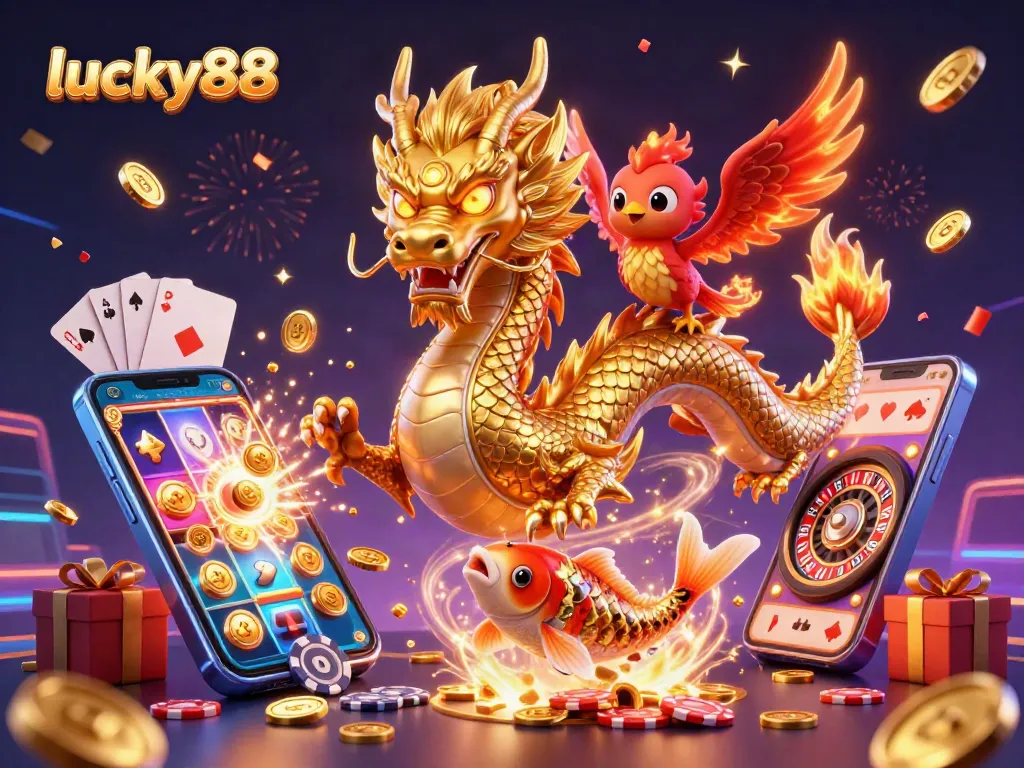 Experience thrilling gameplay at lucky88 with an exciting dragon, phoenix, and koi fish, showcasing vibrant casino elements.