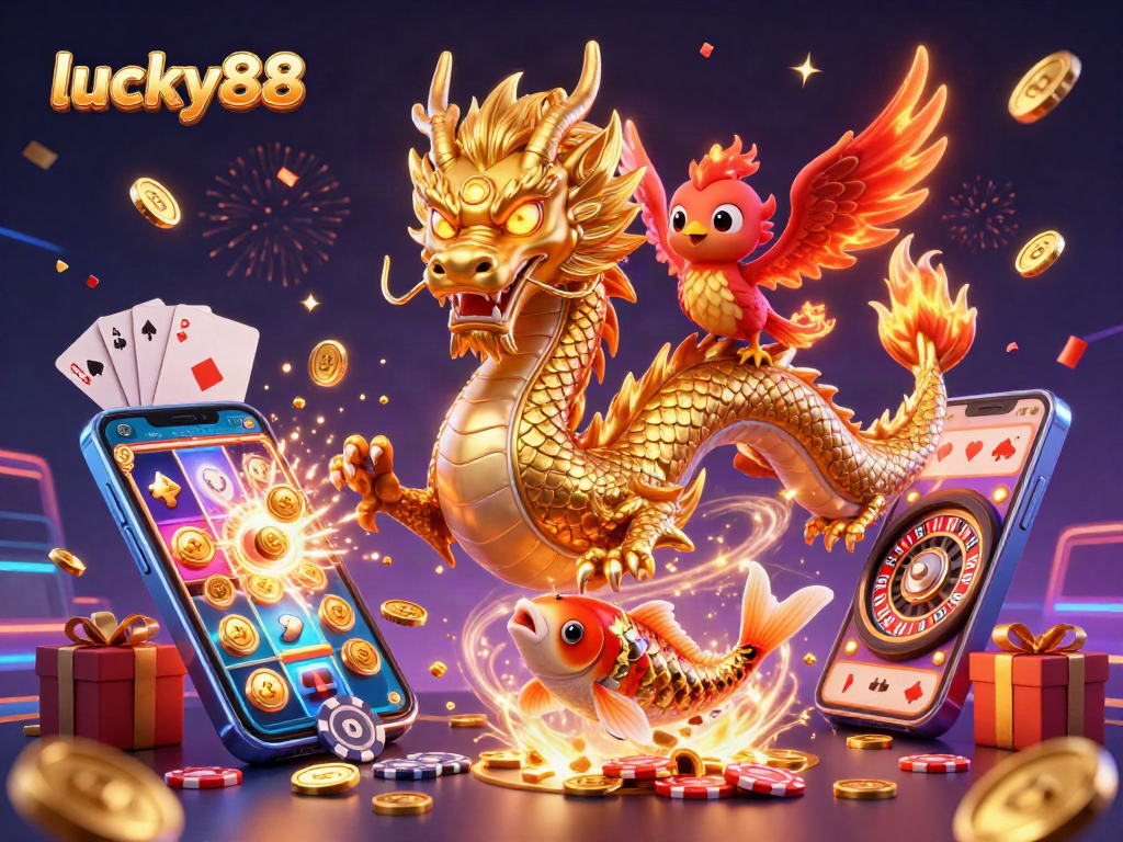 Experience thrilling gameplay at lucky88 with an exciting dragon, phoenix, and koi fish, showcasing vibrant casino elements.