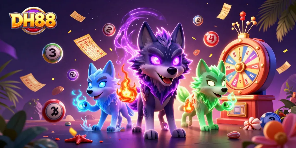Engage with exciting games at DH88 as vibrant colored lottery balls and a wolf leader create a dynamic gambling scene.