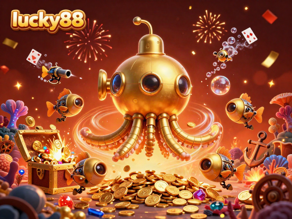 Engage in the thrilling world of lucky88 with a spectacular underwater casino scene featuring a golden kraken submarine and treasure-filled elements.