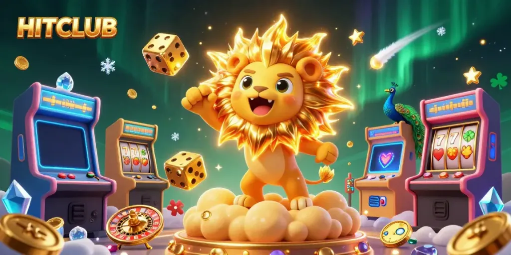 Engage with HITCLUB as the sun lion roars amidst colorful gaming slots and dice in a vivid 3D scene.