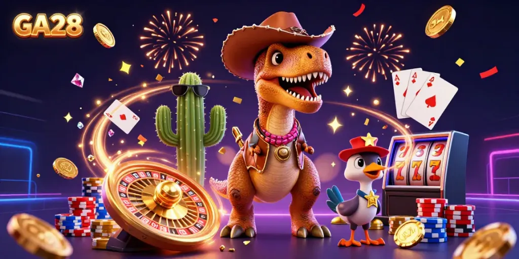 Engage in exciting gaming at GA28 with a T-Rex, cactus companion, and roadrunner surrounded by vibrant casino elements.
