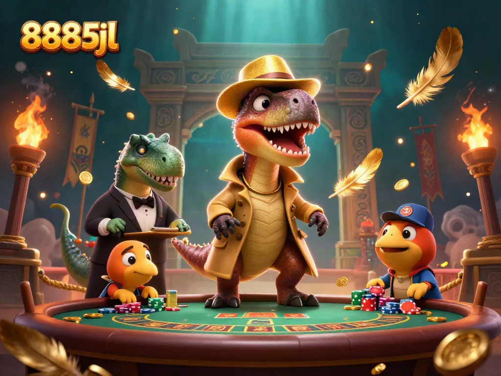 Bet on excitement with 8885jl: a velociraptor card counter at a vibrant blackjack table.