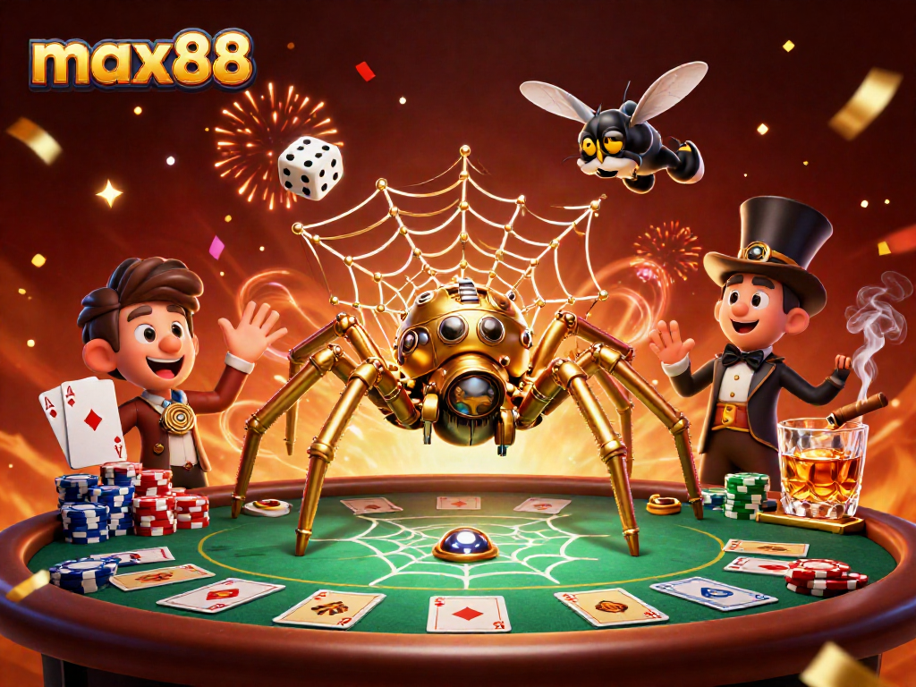Experience the excitement of max88 with a whimsical steampunk spider and poker game elements.