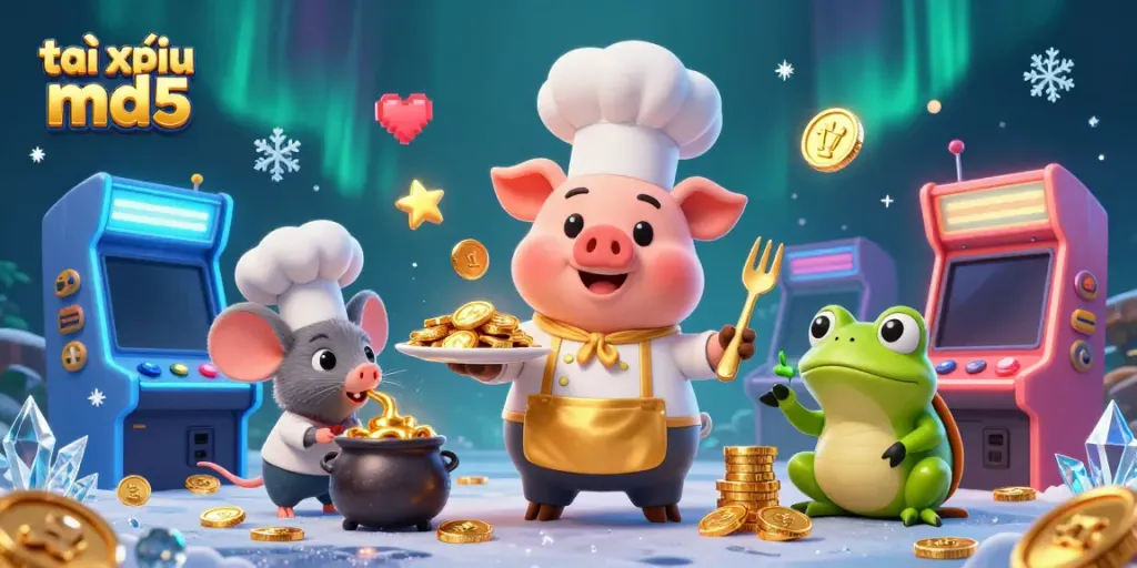 Engaging scene of tài xỉu md5 with characters enjoying golden coins in casino setting, showcasing vibrant arcade elements.