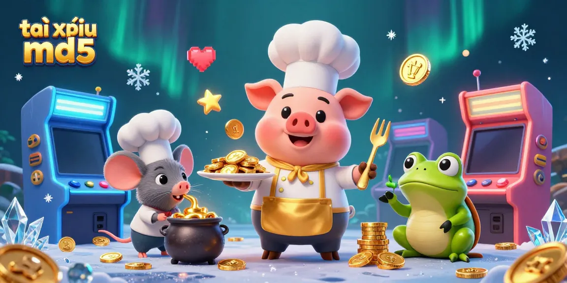 Engaging scene of tài xỉu md5 with characters enjoying golden coins in casino setting, showcasing vibrant arcade elements.