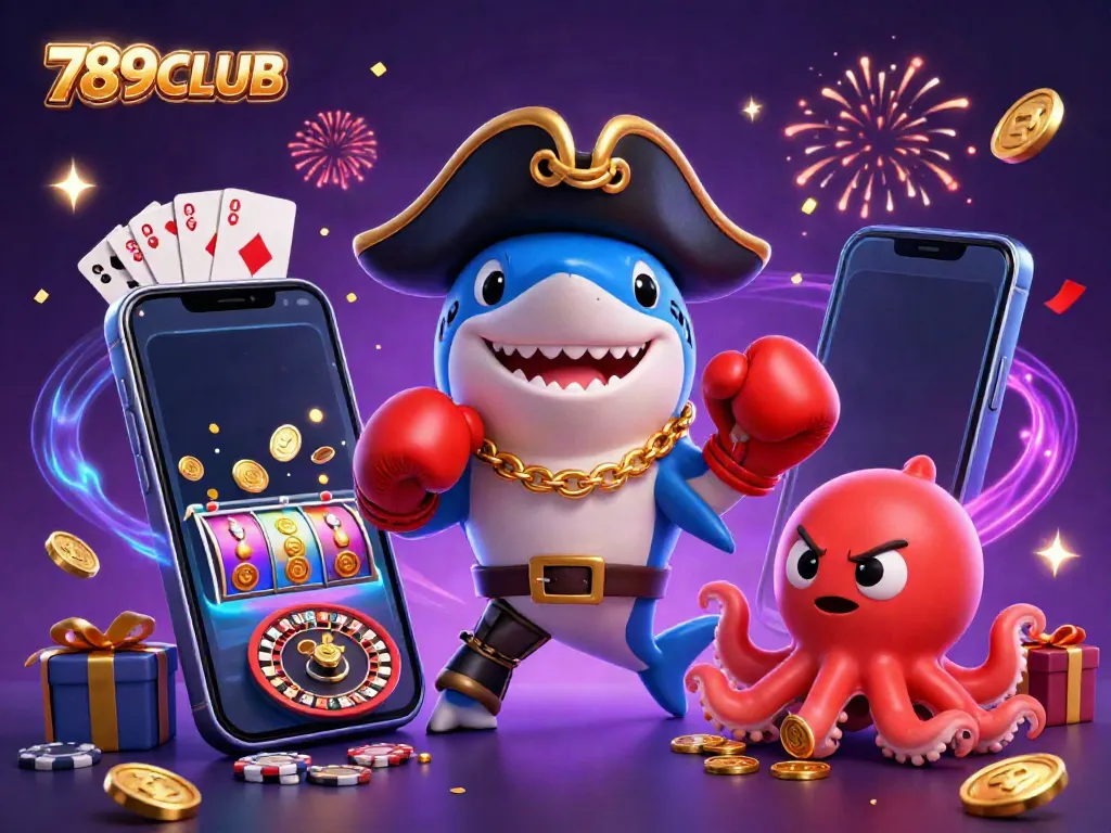 Engaging scene of 789CLUB featuring a pirate shark, pufferfish, and octopus celebrating with casino elements.