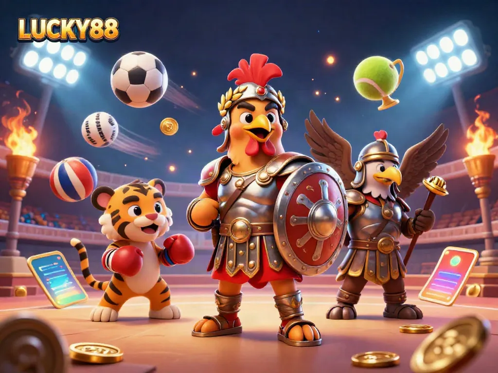 LUCKY88 captures thrilling casino action with a gladiator rooster, tiger cub, and eagle in a dynamic colosseum.