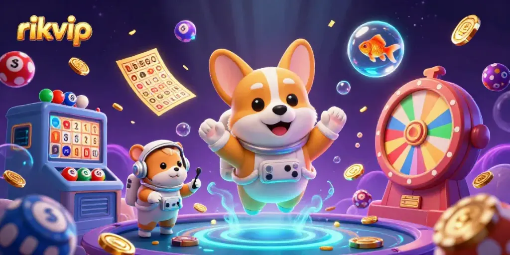 Experience the excitement of rikvip with vibrant space-themed gambling elements and characters in a cosmic casino scene.