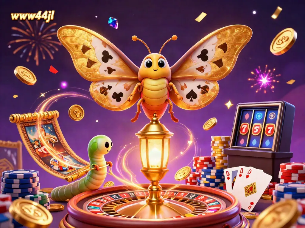 Experience thrilling casino action at www44jl with a vibrant 3D illustration of a majestic atlas moth in a bustling online gambling scene.