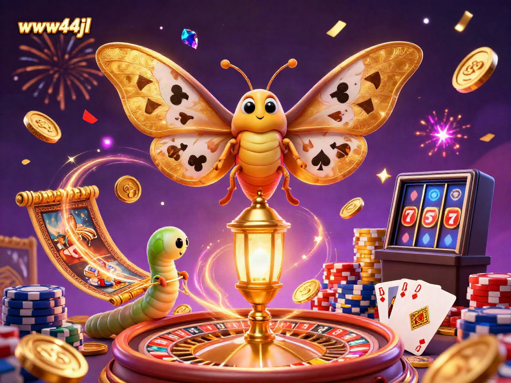 Experience thrilling casino action at www44jl with a vibrant 3D illustration of a majestic atlas moth in a bustling online gambling scene.