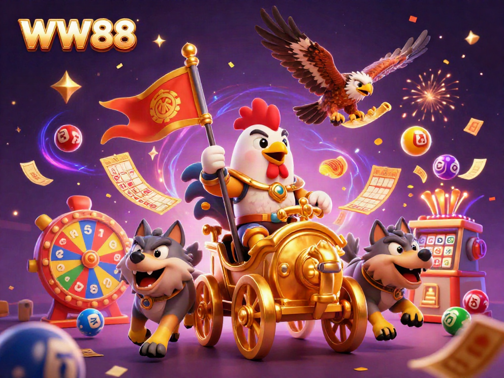 Experience thrilling gaming with WW88's animated rooster warlord and magical elements in a vibrant casino scene.
