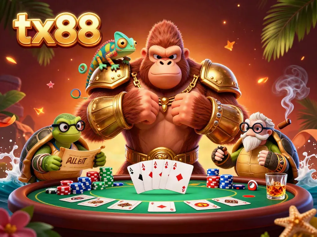 Experience the thrill of tx88 gaming with a majestic gorilla, chameleon, and tortoise in this vibrant casino scene.