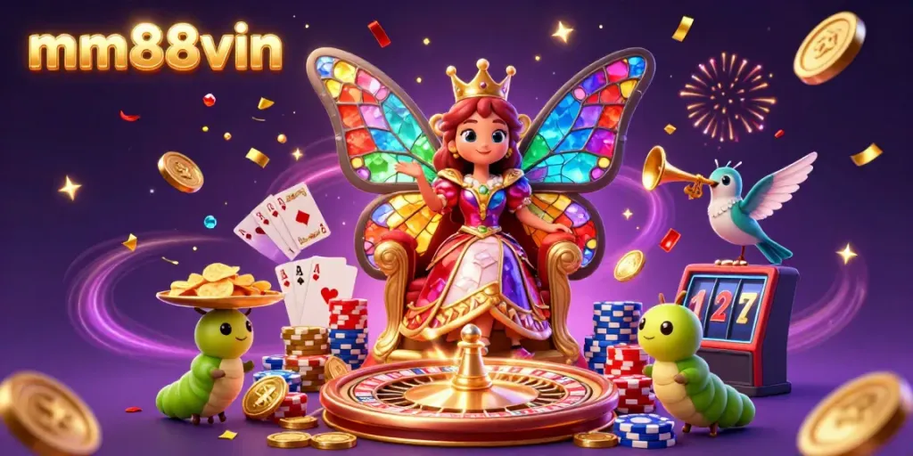 Experience the thrilling world of mm88vin with vibrant casino elements and a magical butterfly queen.