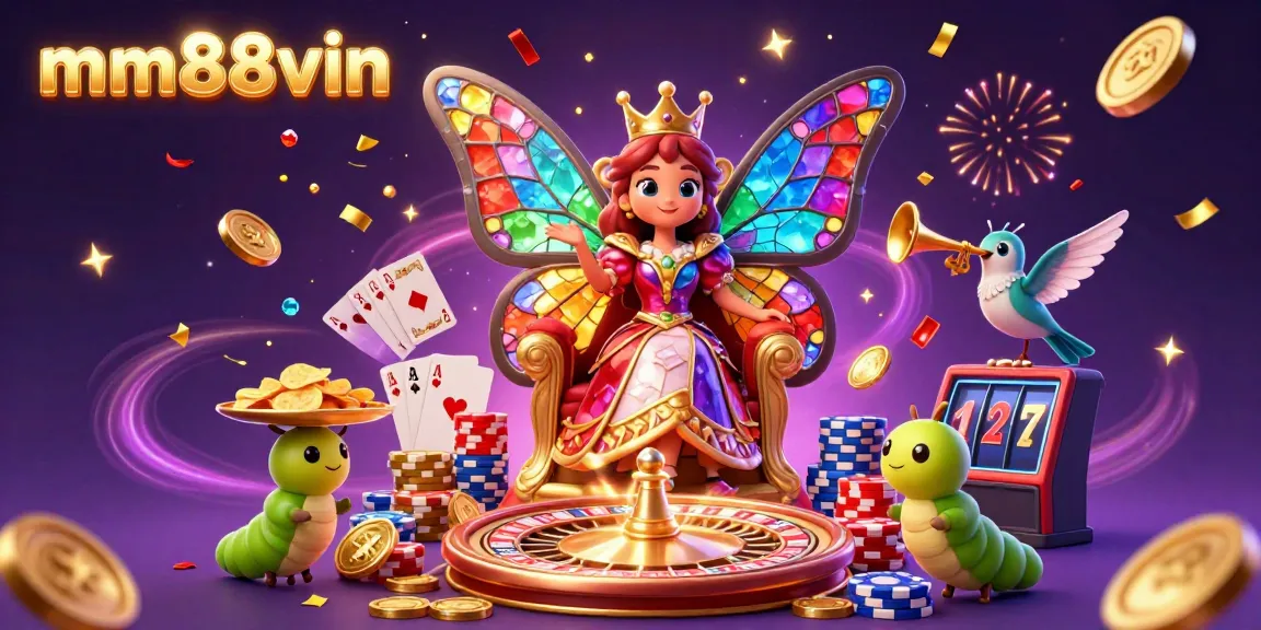 Experience the thrilling world of mm88vin with vibrant casino elements and a magical butterfly queen.
