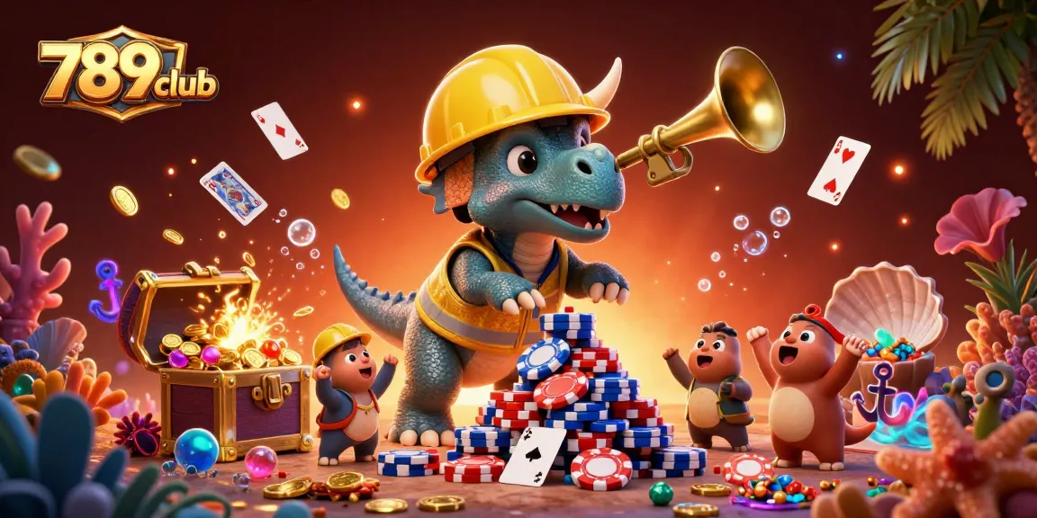 Engage with thrilling 789club adventures as cartoon characters celebrate winning poker chip stacks in a vibrant casino scene.