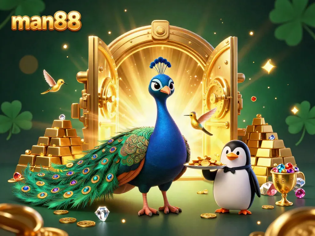 Engage with the excitement of man88 as a stunning peacock displays its feathers amidst a treasure-filled casino.