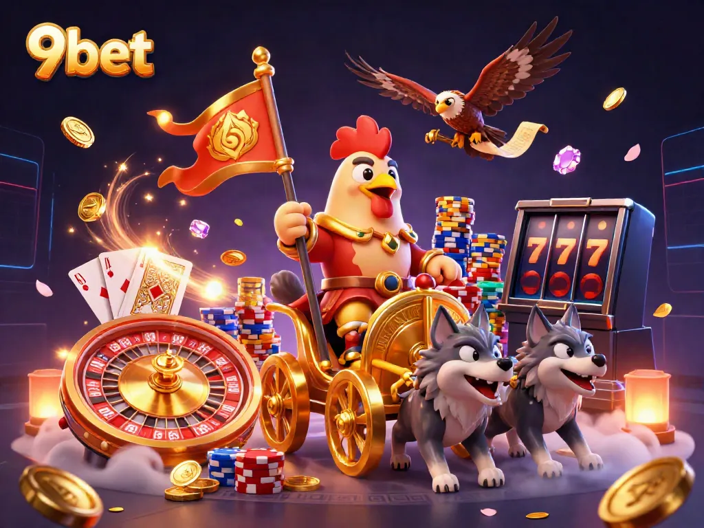 Experience the excitement of 9bet's live casino with a dynamic 3D illustration featuring golden coins and colorful chips.