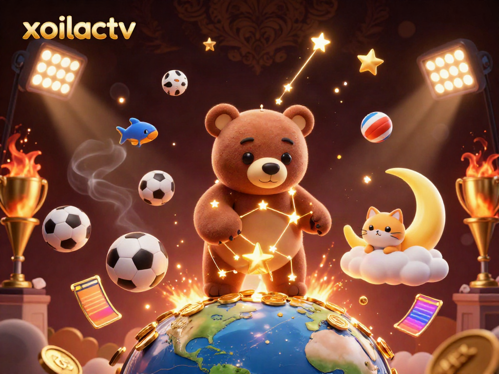 Join the excitement with xoilactv, featuring dynamic sports elements and a celestial bear reaching for coins.
