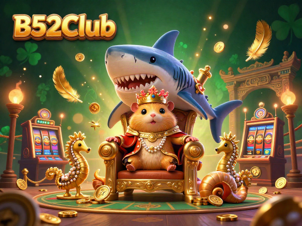 Engage in thrilling gameplay at B52Club with vibrant casino elements surrounding a fierce golden hamster king.